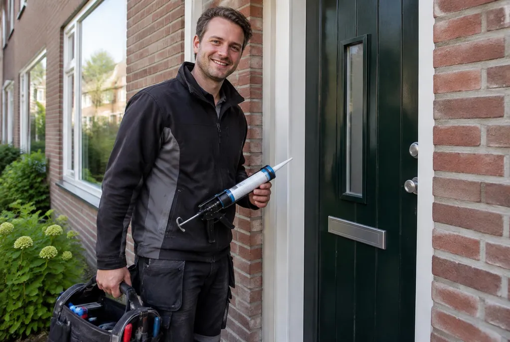 Vakman van Kitbedrijf Delft bij de voordeur van een woning